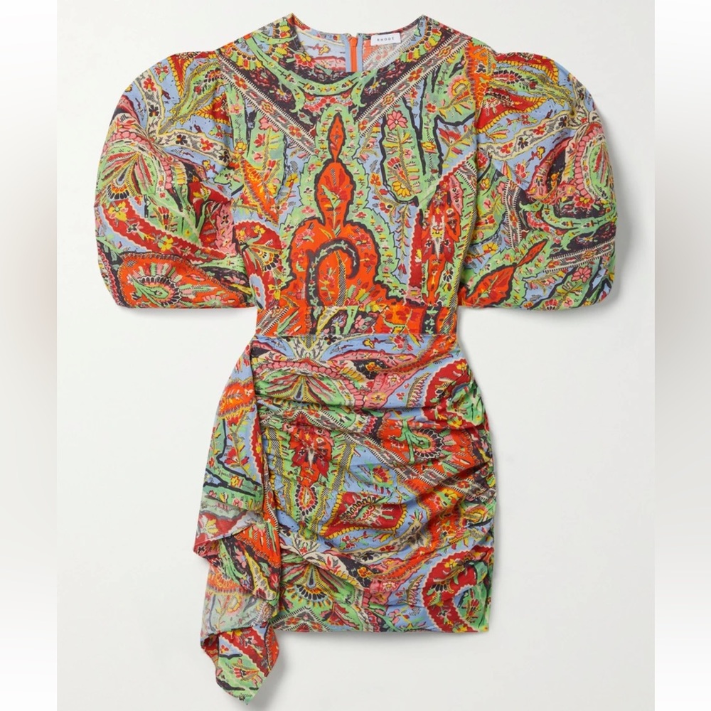 Rhode Pia Draped Ruched Printed Cotton-Voile Mini Dress Size XS